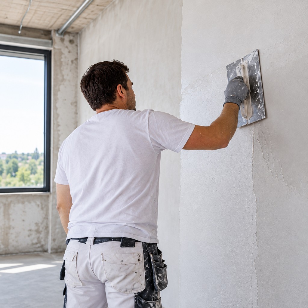 Stucadoor werkt een wand glad af met spachtelwerk